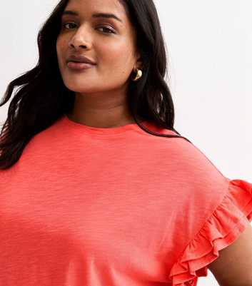 Curves Coral Frill Sleeve Slub Top