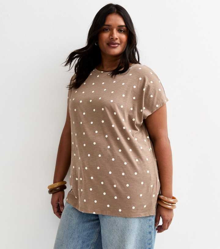 Curves Brown Polka Dot Grown On Sleeves T-Shirt