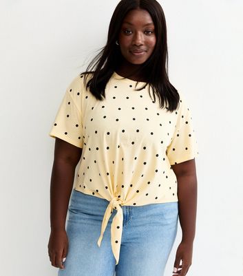 Curves Yellow Spot Print Tie Front T-Shirt | New Look