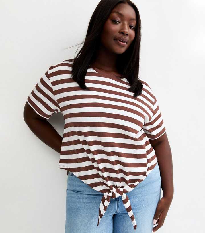 Curves Brown Striped Tie Front T-Shirt