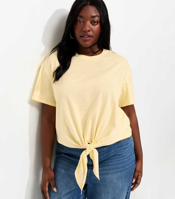 Curves Light Yellow Tie Front T-Shirt