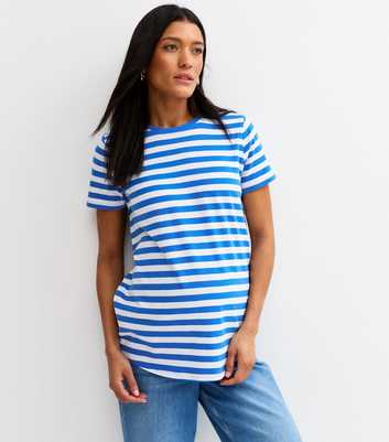 Maternity Blue Cotton Striped Crew Neck T-Shirt