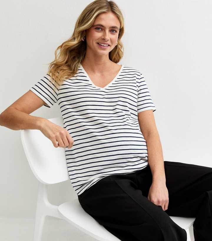 Maternity White Stripe V Neck T-Shirt