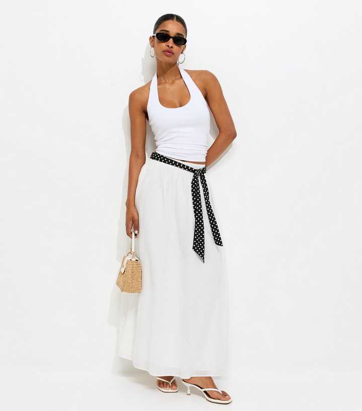 White Crepe Belted Maxi Skirt