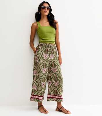Green Palm Tree Print Cropped Wide Leg Trousers