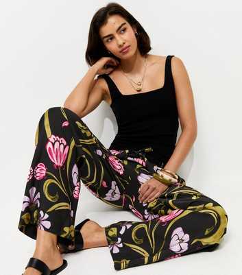 Black Botanical Print Trousers