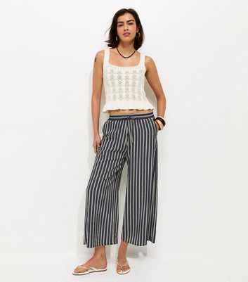 Navy Striped Wide Leg Cropped Trousers