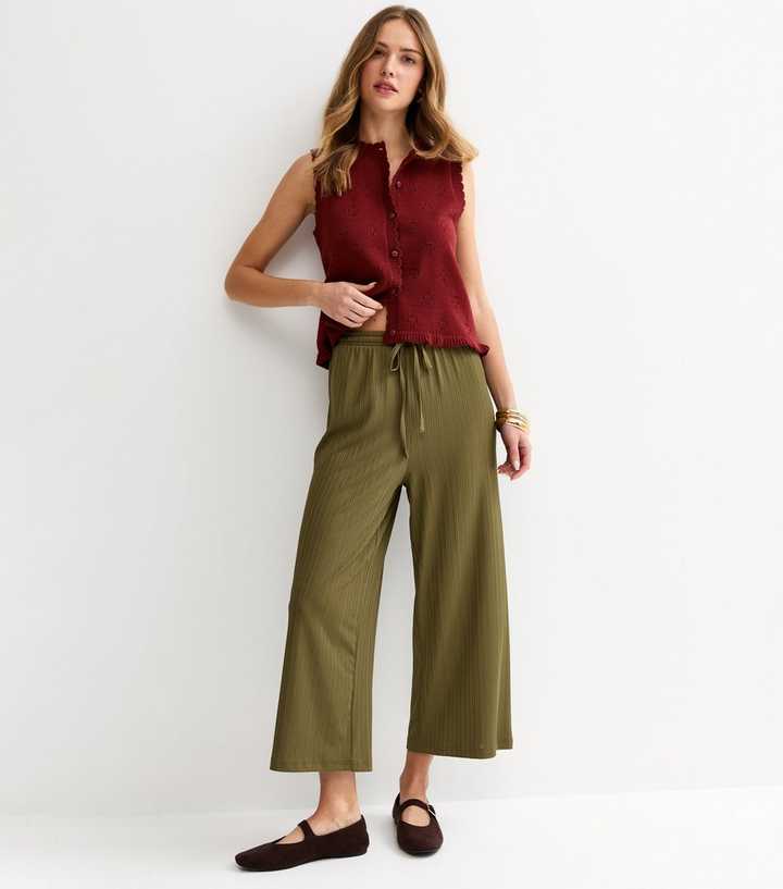 Khaki Ribbed Cropped Wide Leg Trousers
