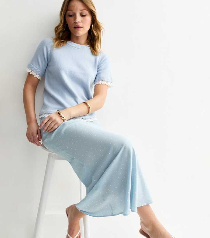 Blue Bias Cut Polka Dot Midi Skirt