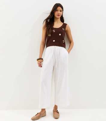 White Linen Blend Crop Trousers