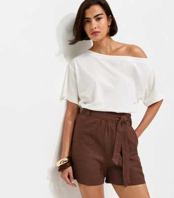 Dark Brown Linen Blend Paperbag Shorts