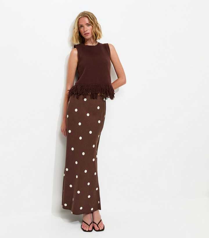Brown Linen Blend Polka Dot Bias Cut Midi Skirt