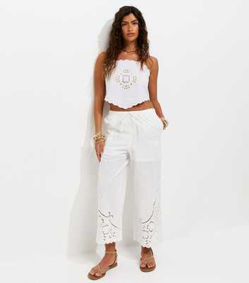 White Cotton Broderie Embroidered Cropped Trousers