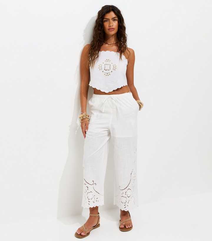 White Cotton Broderie Embroidered Cropped Trousers