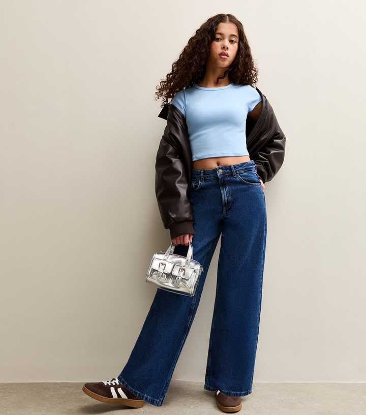 Girls Dark Blue Low Rise Super Wide Leg Jeans