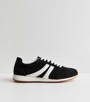 Black Faux Brushed Leather Panelled Trainers