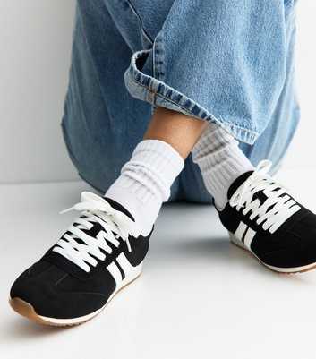Black Faux Brushed Leather Panelled Trainers
