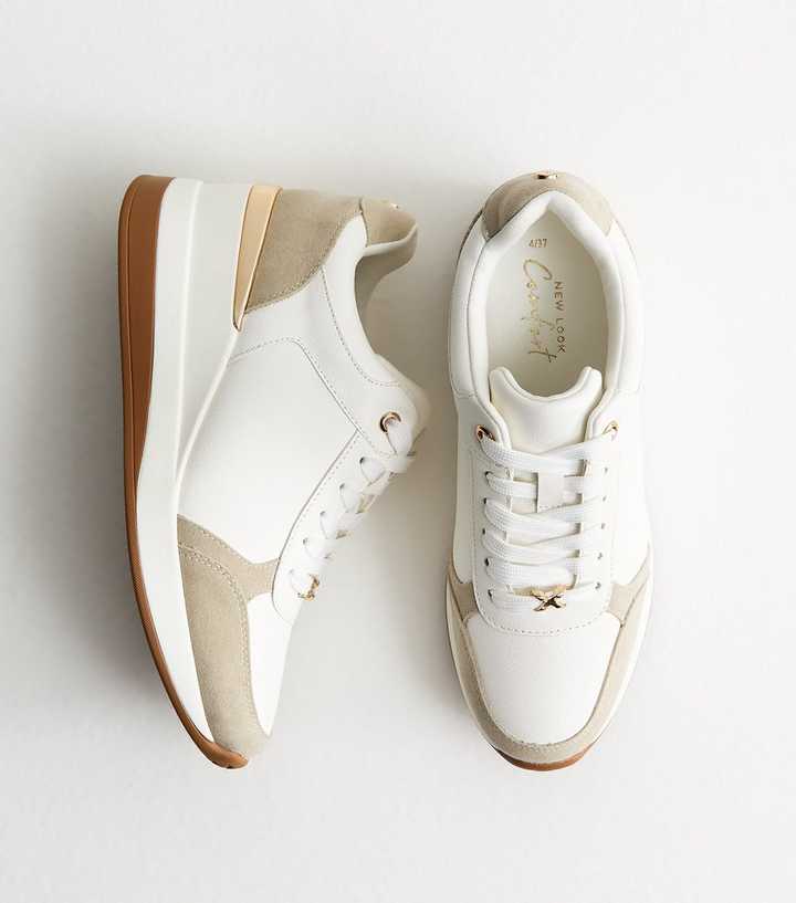 White Faux Leather Sports Wedge Trainers