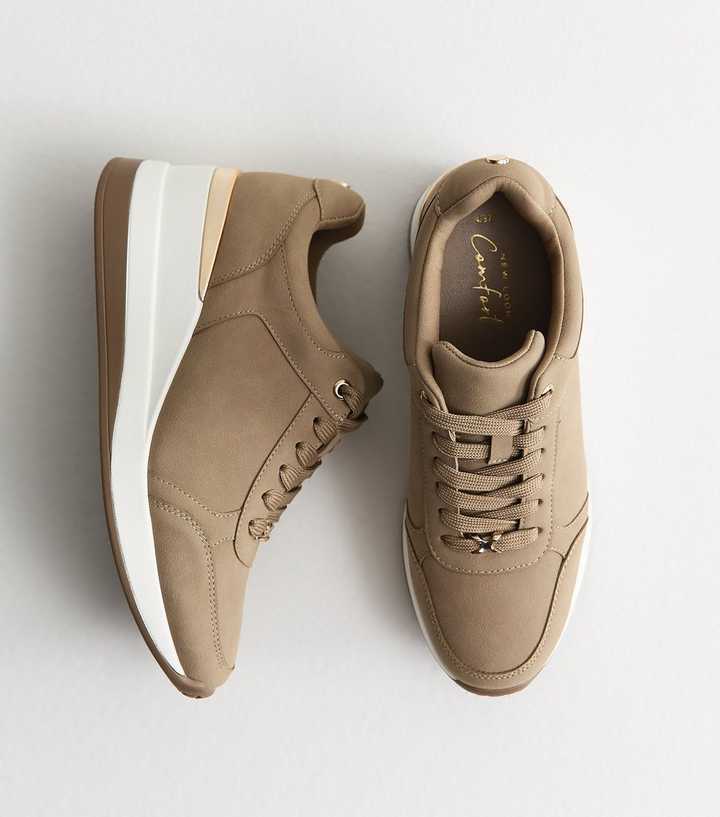 Camel Faux Brushed Leather Sports Wedge Trainers