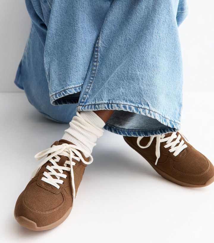 Tan Faux Brushed Leather Contrast Lace Trainers