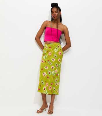 Green Fruit Print Bias Cut Midi Skirt