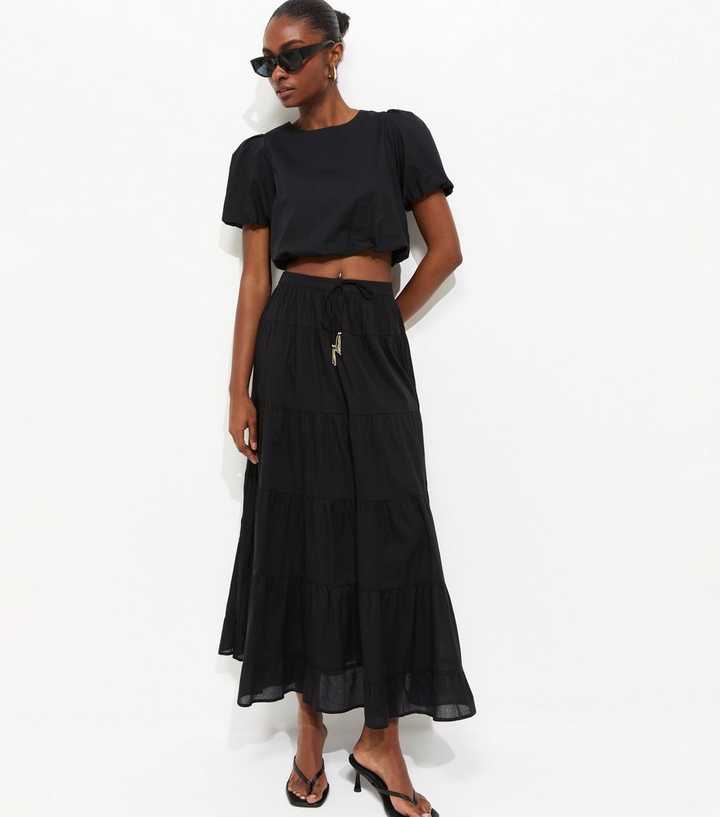 Black Tiered Midi Skirt