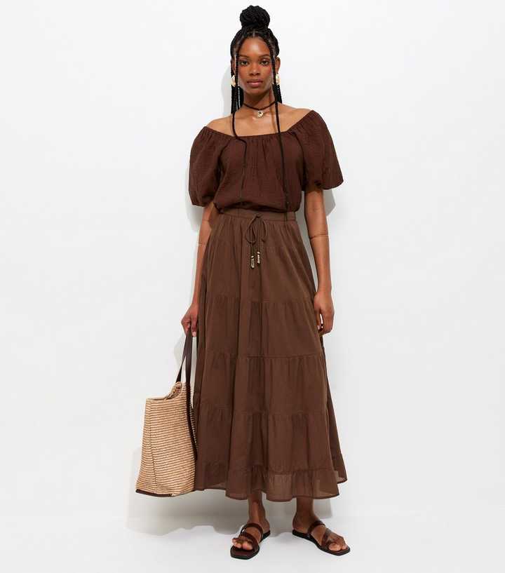 Brown Tiered Midi Skirt