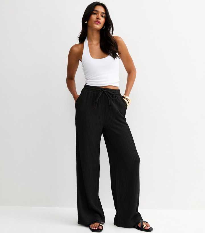 Black Textured Jersey Wide Leg Trousers