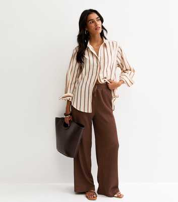 Brown Textured Jersey Wide Leg Trousers