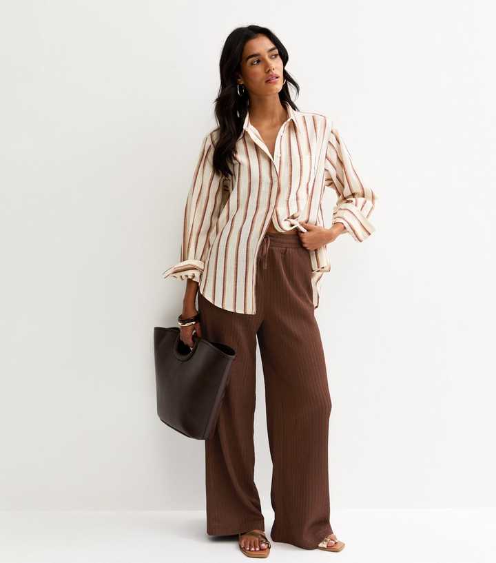 Brown Textured Jersey Wide Leg Trousers
