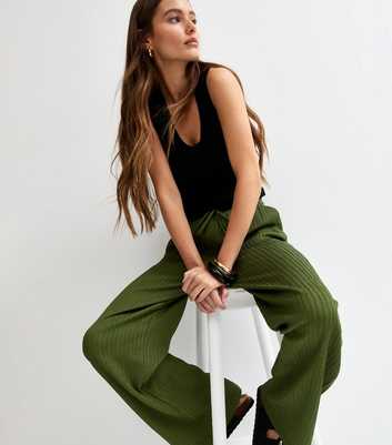 Khaki Textured Jersey Wide Leg Trousers