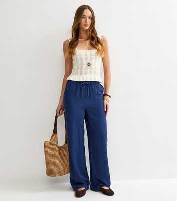 Tall Navy Linen Look Wide Leg Trousers