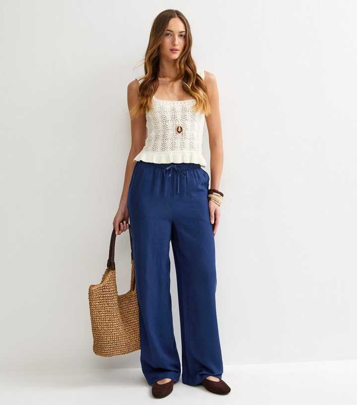 Tall Navy Linen Look Wide Leg Trousers