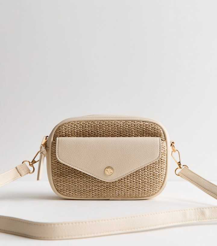 Cream Raffia Pocket Front Crossbody Bag
