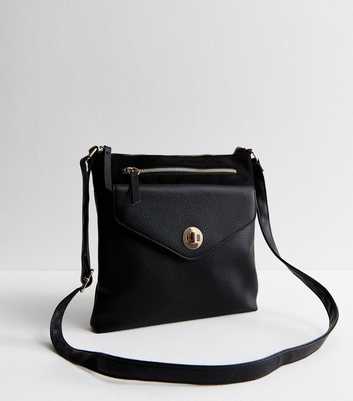 Black Grained Faux Leather Pocket Messenger Bag