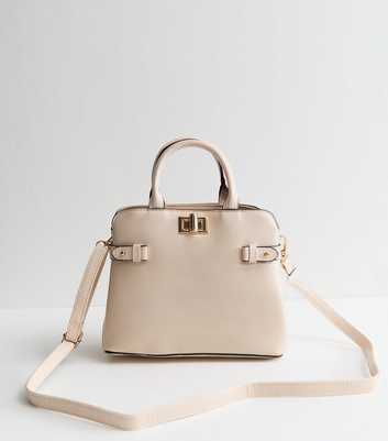 White Faux Leather Gusset Turn Lock Top Handle Bag