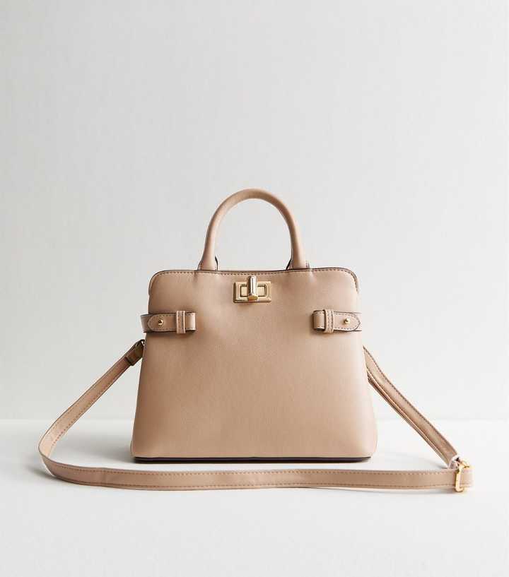 Mink Faux Leather Gusset Turn Lock Top Handle Bag