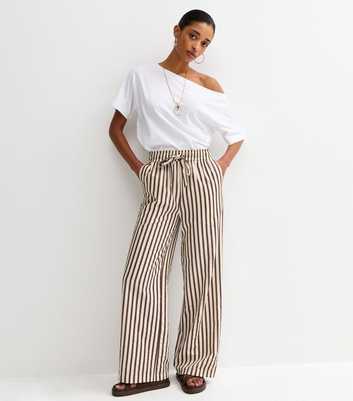 Brown Striped Seersucker Wide Leg Trousers