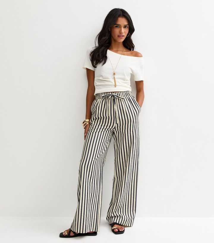 Blue Striped Seersucker Wide Leg Trousers