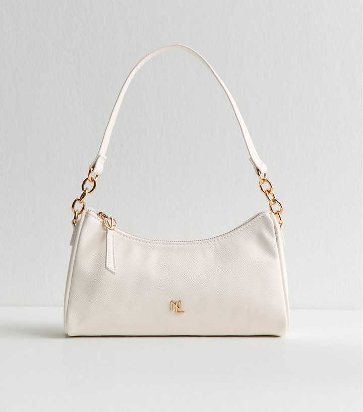 White Faux Leather Logo Plaque Shoulder Bag