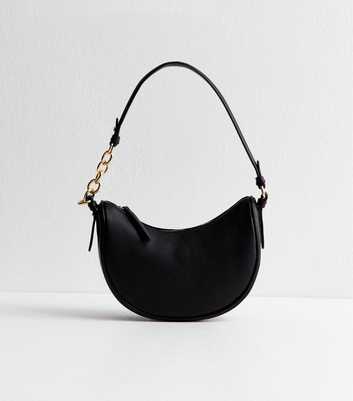 Black Faux Leather Scooped Chain Shoulder Bag