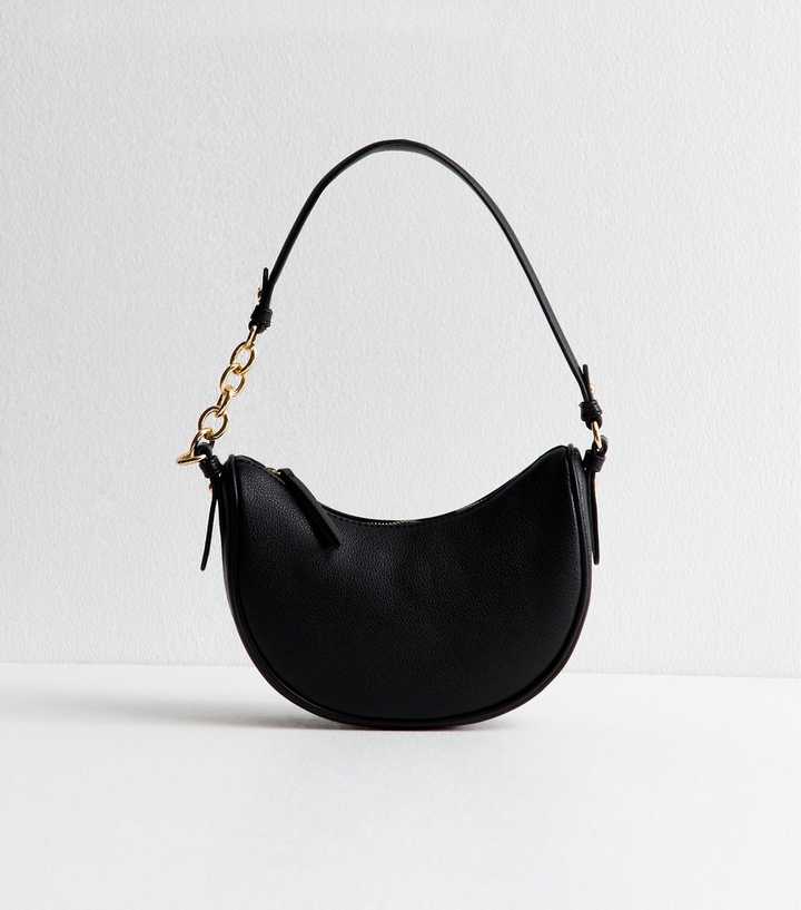 Black Faux Leather Scooped Chain Shoulder Bag
