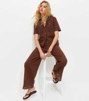 Brown Wide Leg Broderie Wide Leg Trousers