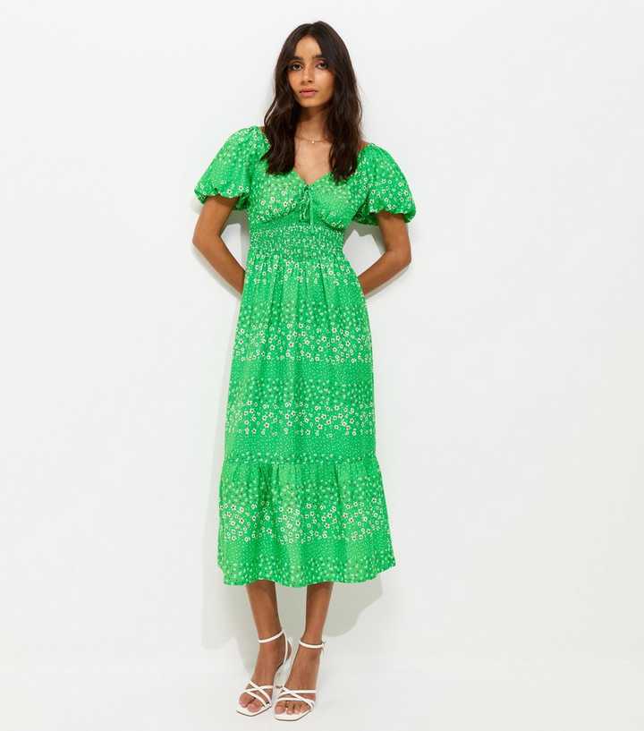 Green Crepe Ditsy Puff Sleeve Shirred Waist Midi Dress