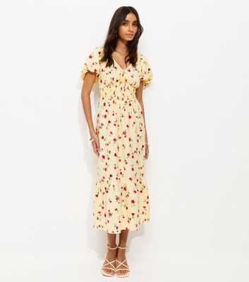 Light Yellow Crepe Ditsy Puff Sleeve Shirred Waist Midi Dress
