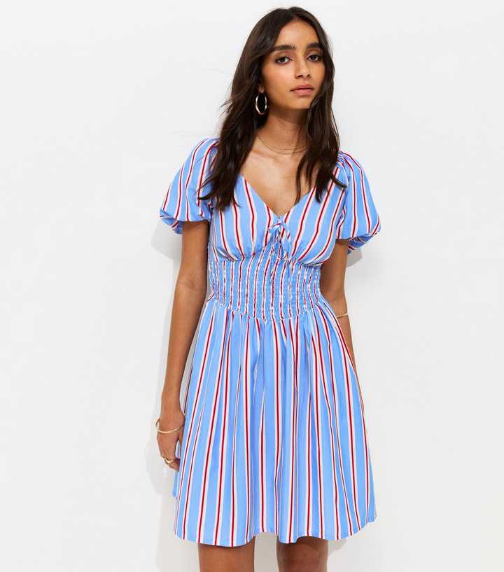Blue Crepe Stripe Puff Sleeve Shirred Mini Dress