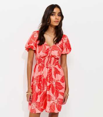 Pink Crepe Floral Puff Sleeve Shirred Mini Dress