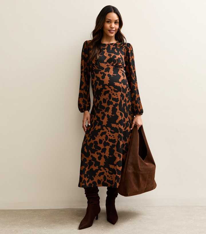 Maternity Brown Animal Print Midi Dress