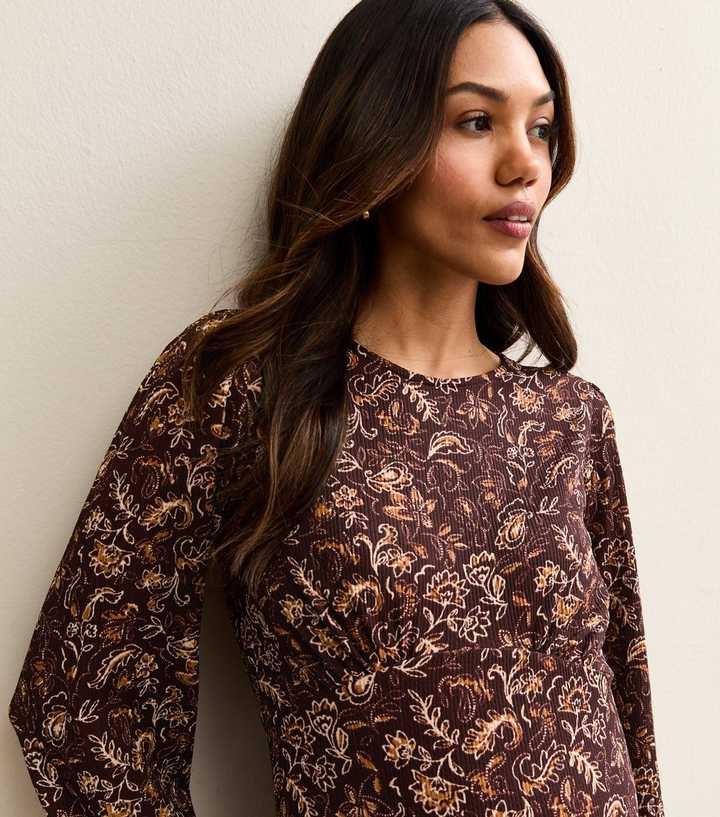 Maternity Brown Crinkle Long Sleeve Paisley Midi Dress | New Look Maternity Brown Crinkle Long Sleeve Paisley Midi Dress | New Look