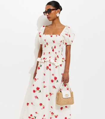 White Floral Print Square Neck Midi Dress